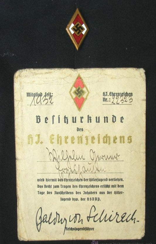 German 3rd Reich Hitler Youth Org Old Guard's ID card.  Comes with Gold class Badge