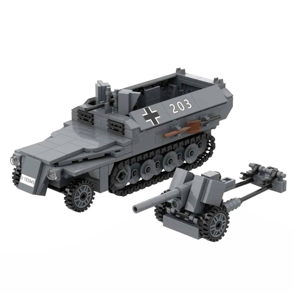 WW2 SdKfz 251 Ausf D Armored Half Track Carrier with Pak40 Anti-Tank Gun Military Building Block Toy 3 Soldiers