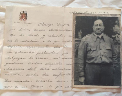 Letter, portrait and Signature of General Aranda