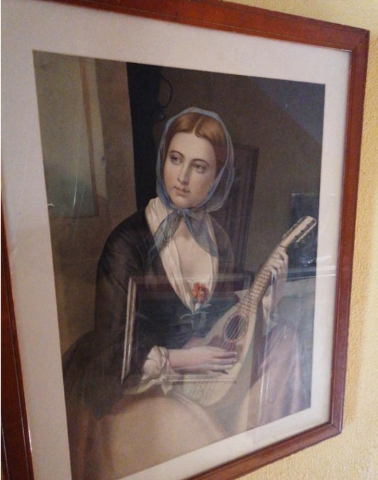 Armonía en tinta del siglo XIX: mujer con mandolina