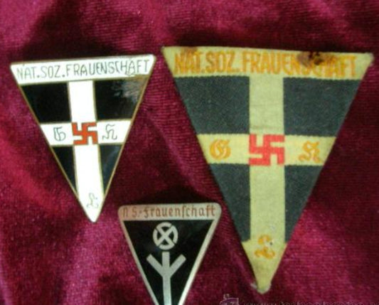 German 3rd Reich period NSDAP Women Org lot of three badges.  Two in enamelled.  The other one embroidered on cloth).