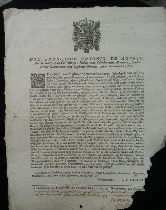 Interesting & rare edict given by the spanish Governor of Flanders regarding troops & population circumstances on June 13th 1689.  With coat of arms of His Catholic Majesty.  In dutch)