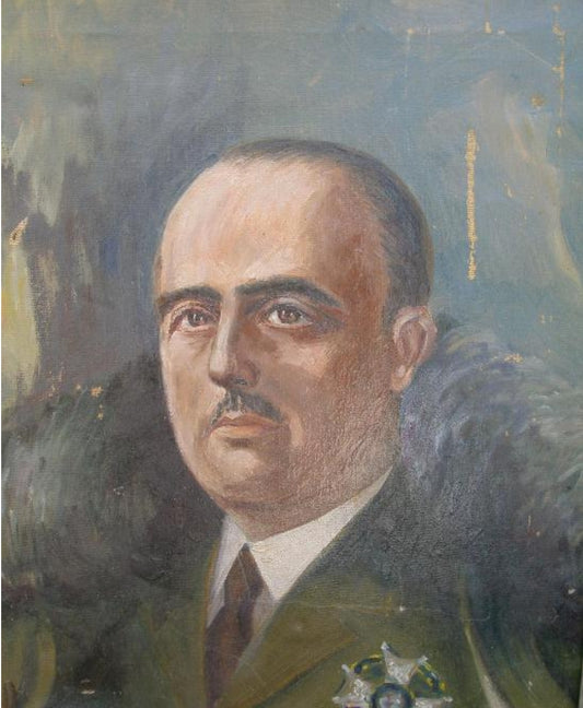 Oil painting featuring General Franco. Approx. 60 x 50 cm.  Framed