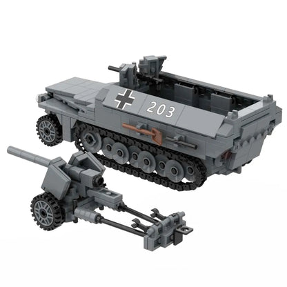 WW2 SdKfz 251 Ausf D Armored Half Track Carrier with Pak40 Anti-Tank Gun Military Building Block Toy 3 Soldiers