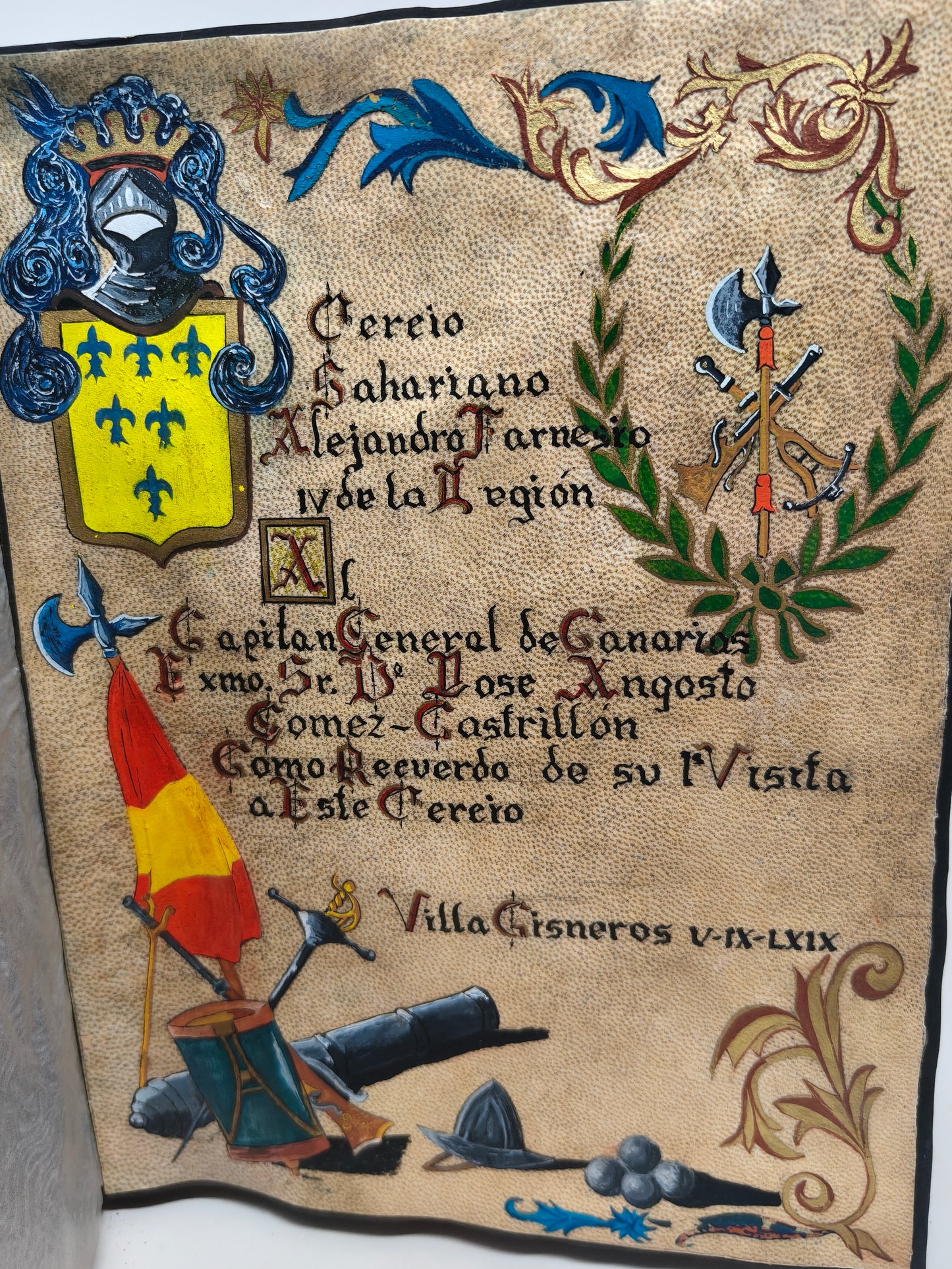Album dedicado capitán General de Canarias a villa Cisneros Alejandro de Farnesio Legión