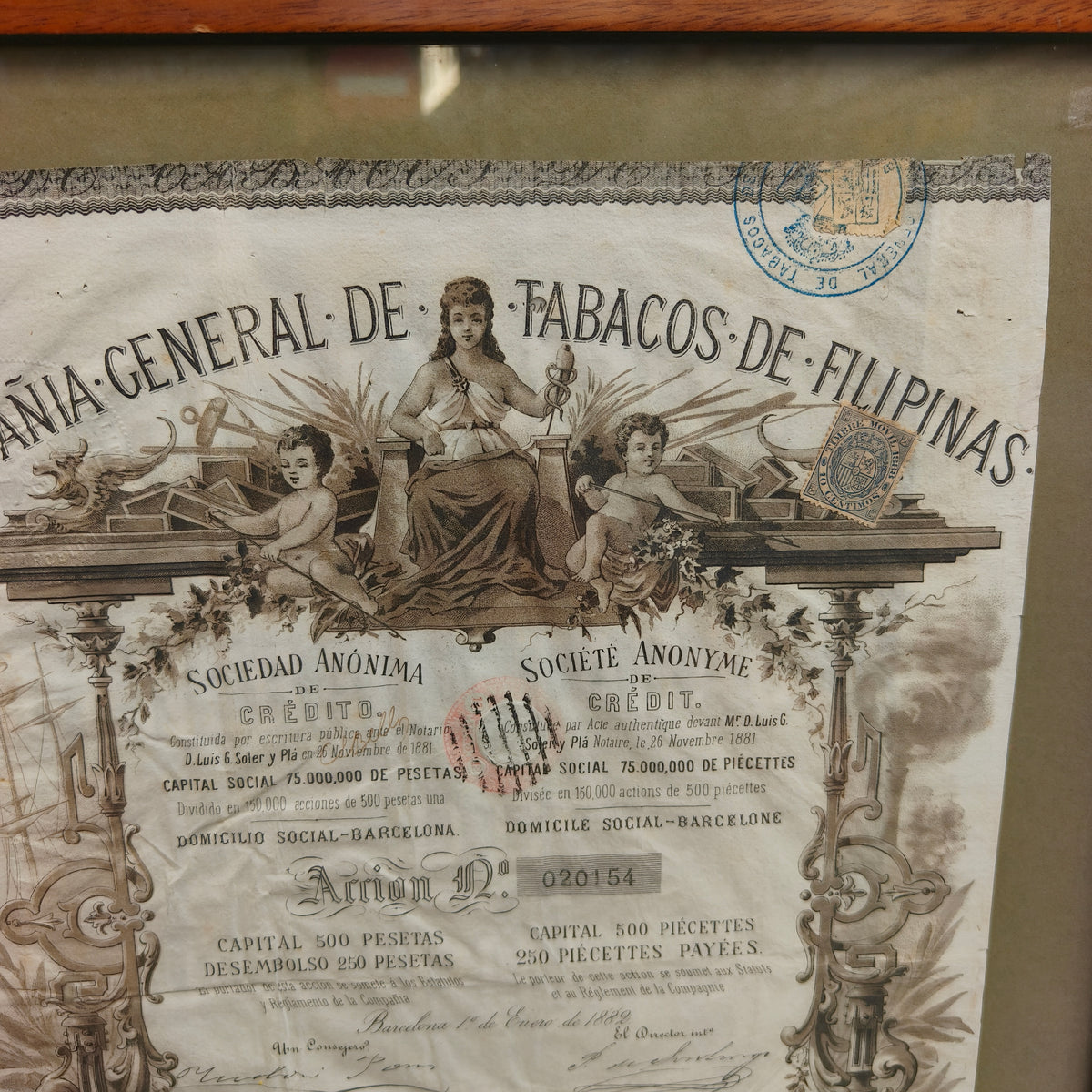 Historical Stock Certificate Compañía General de Tabacos de Filipinas. Spain Colonial Period.