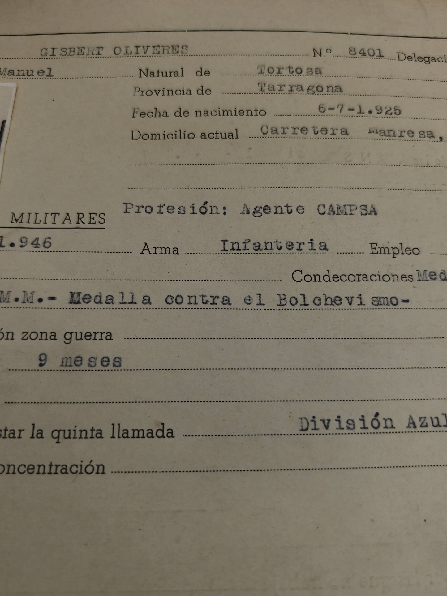 Medalla anti bolchevique con documento división azul. IIWW