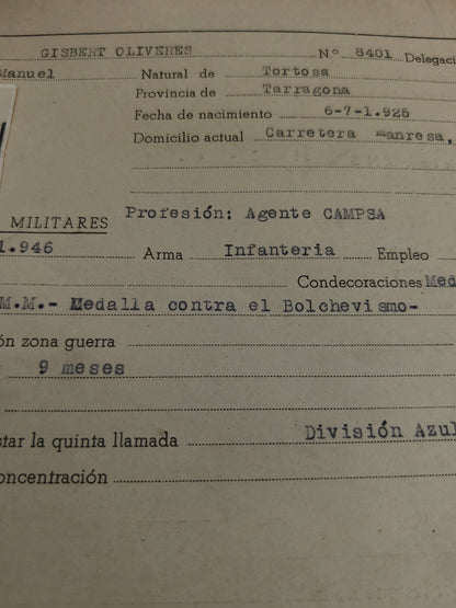 Medalla anti bolchevique con documento división azul. IIWW