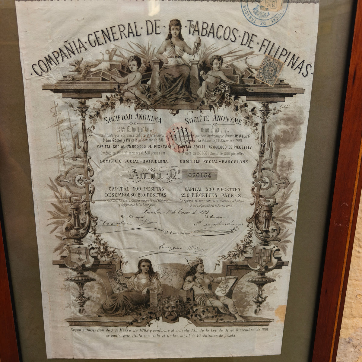 Historical Stock Certificate Compañía General de Tabacos de Filipinas. Spain Colonial Period.