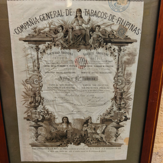 Historical Stock Certificate Compañía General de Tabacos de Filipinas. Spain Colonial Period.