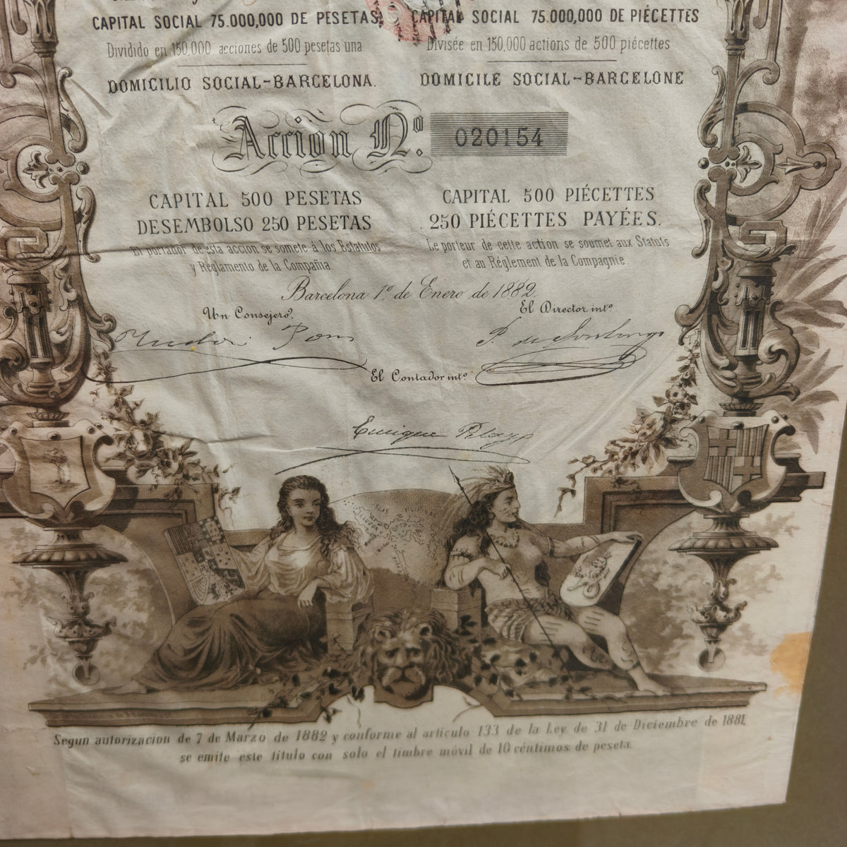 Historical Stock Certificate Compañía General de Tabacos de Filipinas. Spain Colonial Period.