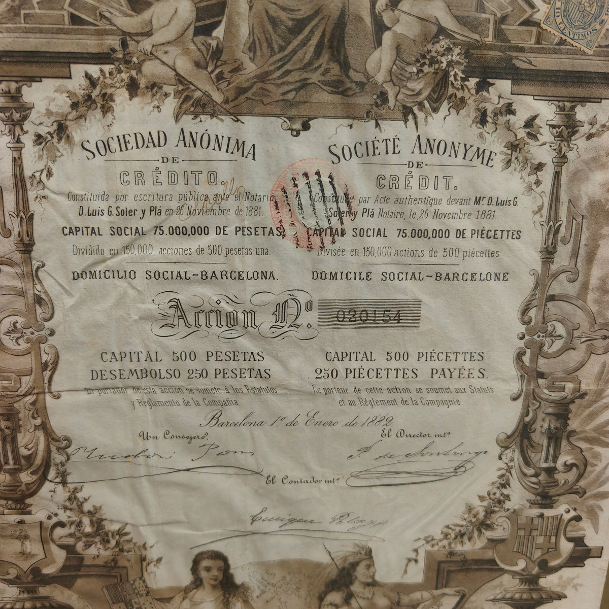 Historical Stock Certificate Compañía General de Tabacos de Filipinas. Spain Colonial Period.
