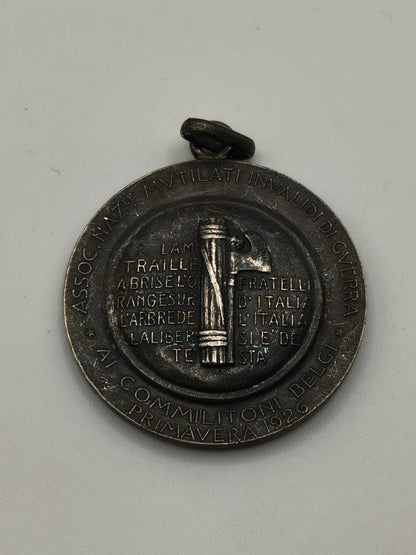 Disabled Servicemen's Association commemorative medal.  1926 Italy. Silver.
